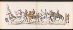 Maskerade av Leiden-studentene, 1865 (plate 5) Utkledd prosesjon holdt av medlemmene av Leiden studentkorps den 6. juni 1865, for å feire 290-årsjubileet for Leidsche Hoogeschool, som viser: nederlendernes inntreden i