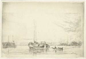 Elveutsikt med lekter og robåt av Jan Daniël Cornelis Carel Willem baron de Constant Rebecque