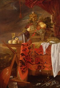 En kurv med blandet frukt med forgylt kopp, sølvbeger, Nautilus, glass og fersken på en tallerken av Jan Davidsz de Heem