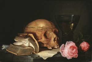 Et Vanitas-stilleben med en hodeskalle, en bok og roser, ca. 1630