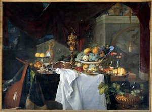 En stilleben borddessert dekket med retter med musikkinstrument. Maleri av Jan David Heem (1606-1684) 1640 søn. 1,49x2,03 m av Jan Davidsz de Heem