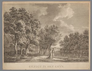 Landskap med et par som går langs bredden av Gein Gezigt in het Geÿn (tittel på objekt)