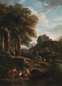 Et klassisk landskap med figurer i forgrunnen, ruiner til venstre og en figur i midten som ofrer (olje på lerret) av Jan Frans van Bloemen
