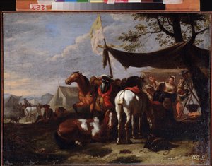 ""Group of Horsemen At Camp"" (A Cavalry Camp) Maleri av Jan Frans van Bloemen (1662-1749) 1700-tallets Far Eastern Art Museum, Khabarovsk Russland av Jan Frans van Bloemen
