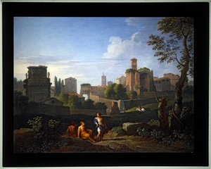 Satz von vier Capriccios; (4) Bögen von Konstantin und Titus, Turm des Kapitols, Tempel der Venus und der Uhrturm von Santa Francesca Romana von Jan Frans van (1662-1749) Bloemen