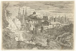 Italiensk landskap med reisende ved bymurene av Jan Frans van Bloemen