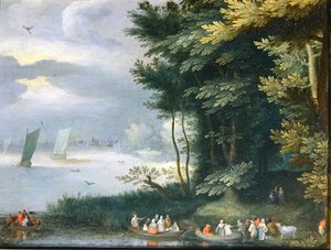 Banks of a Lake med figurer som går om bord i robåter (olje på lerret) av Jan Frans van Bredael