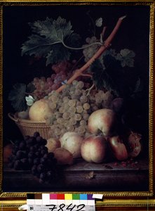 ""Frukt"" Stilleben av fersken, druer, pærer og granatepler med sommerfugler og en veps. Maleri av Jean Francois van Dael (1764-1840) 1808 Pushkin-museet, Moskva