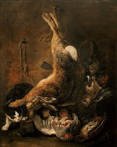 En hare, duer og annet vilt med en katt