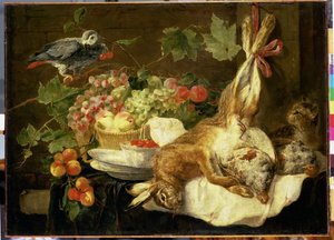 Stilleben med hare, frukt og papegøye, 1647