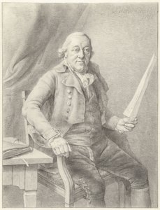 Portrett av Reinier Vinkeles I, sittende i en stol med et papirark i hånden