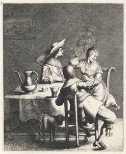 Røyker blåser røyk mot en kvinne Lukt The Five Senses (serietittel) av Jan Gillisz. van Vliet