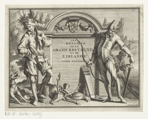 Twee jagers for arkitektoniske omgivelser Tittelside for: James Beeverell, The delights of Great Britain and Ireland, bind syv, 1707 av Jan Goeree (possibly)