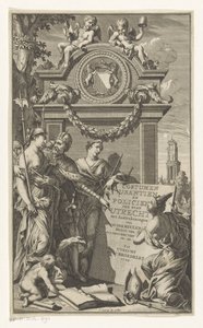 Rettferdighet lærer lovene til Utrecht Costumen Usantien en Policien der stad Utrecht (tittel på objekt) Tittelside for Willem Van der Meulen, Costumen, usantien, policien ende style of litigation, der stadt Utrecht, 1709