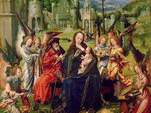 Englemusikere, detalj av et sentralt panel av en triptyk som viser den hellige familie med St Catherine og St Barabara (olje på tre)