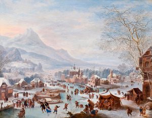 ""Winter Scene with Skaters" (Winter Scene with Skaters) Maleri av Jan Griffier (ca 1652-1718) - Olje på kobber - Størrelse 43x55 cm Hallwylska Museet, Stockholm