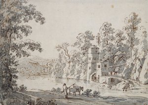 The Watermill by the Ford (penn og brunt blekk og grå vask på papir)