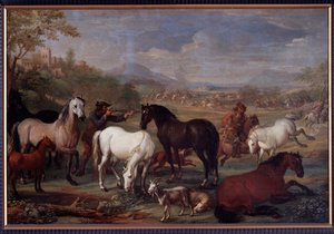 Landskap med hester Maleri av Jan Hamilton (1600-tallet) Dim 60x90 cm Genes, Musei di Strada Nuova (ex Palazzo Bianco) av Jan Hamilton