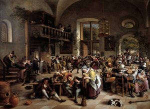Fest i et vertshus Musikere, spillere, menn og kvinner av drikkende mennesker - Maleri av Jan Havicksz (Havicksz) Steen (1626-1679)