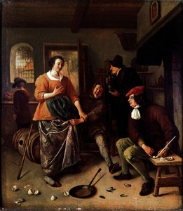 De knuste eggene (inne i et vertshus). Gruppe av muntre karakterer i nederlandsk mat. Mannen som løfter kvinneskjørtet er et selvportrett av maleren. Maleri av Jan Havickszoon Steen (1625/6-1679) 1665-1670 søn. 43x38 cm London, Nasjonalgalleriet - The Inte
