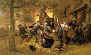 Bønder og soldater utenfor en taverna - en allegori om voldtekten i Nederland av Jan Havickszoon Steen