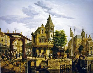 En nederlandsk gatescene langs en kanal