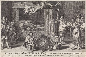 Paradebed van Prins Maurits, 1625 Skulpturer av den store Maurice Nassouii, prinsen av Arausion, etc. av avdøde Hague-Comitis XXIII april 1825 (tittel på objekt) av Jan Hendriksz. Verstraelen