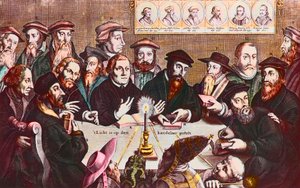 Lyset er plassert på lysestaken - Gravering av Jan HOUWENS som viser reformatorene - John Calvin og Martin Luther Imaginary Meeting of Reformist Leaders: John Wyclif (eller Wycliff eller Wycliffe av Jan Houwens