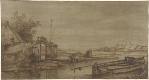 Seilutsikt med gård og liggende lekter av Jan Hulswit (possibly)