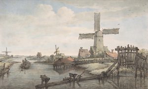 Utsikt over en kanal med tre vindmøller, sent på 1700- og begynnelsen av 1800-tallet.