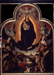 ""La Vierge en Gloire"" (The Glorification of the Virgin) Blant karakterene rundt Jomfruen og Jesus Kristus: Kong David som spiller harpe, den romerske keiseren Augustus (Caius Julius Caesar Octavianus Augustus) (63 f.Kr.-14 e.Kr.), profeter