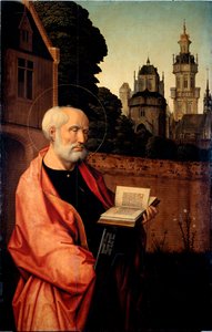 Saint Pierre detalj. Maleri på tre av Jan Provost (ca. 1465-1529) Dim. 140x90 cm Genes, Galleria di Palazzo Bianco av Jan II Provost