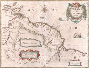 Et kart laget rundt 1649 som viser Guyana-regionen. Territorium hevdet av Spania i rødt i vest, Nederlandsk Guyana uthevet i gult og portugisisk territorium i rødt mot sørøst. Den mytiske innsjøen Parime er også synlig