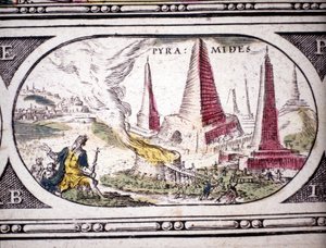 Representasjon av antikkens syv underverker: Pyramidene i Egypt. i Atlas of Jansson Janssonius trykt i Amsterdam i 1630. Privat samling.