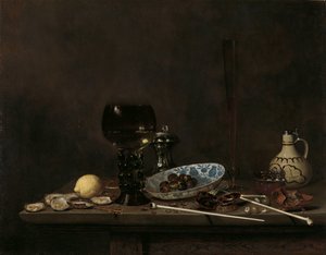 Stilleben med Roemer, fløyteglass, keramikkmugge og rør av Jan Jansz. van de Velde (III)