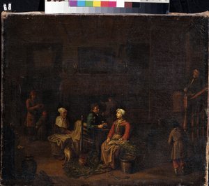 ""Kjøkkenet"" (Kjøkkenet) Tjenere som tilbereder måltidet til sine herrer, en kvinne som hakker grønnsaker, en annen bak i nærheten av et vaskekar, mens en mann snakker mens han drikker. Maleri av Jan Joseph Horemans den eldste (1682-1759) Mik fra 1700-tal