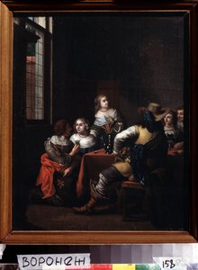 ""Les festivites"" (The merrymeeting) gruppe ryttere og damer samlet gladelig rundt et bord. Maleri av Jan Joseph Horemans den eldste (1682-1759) Ivan Kramskoy (eller Kramskoi) kunstmuseum fra 1700-tallet i Voronezh (Voronezh), Russland. av Jan Josef the Elder Horemans