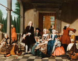 Portrett av en familie som spiser på en portiko, en formell hage utenfor, 1747