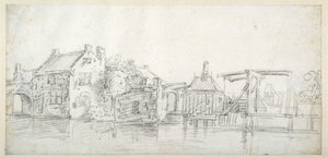 En kanal med bygninger, inkludert et bomhus og en bombro, ca. 1650 (svart kritt på hvitt papir) av Jan Josefsz. van (circle of) Goyen