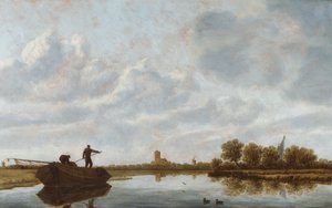 Menn på en lekter i et elvelandskap med en fjern kirke (olje på panel) av Jan Josefsz. van (circle of) Goyen