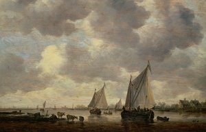 En kanal i Holland, eller to store seilskip og storfe nær en elv