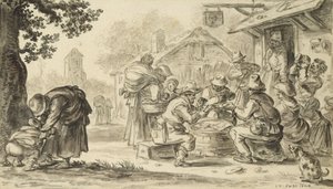 A Farmers Card Game foran vertshuset, 1624 (blyant, penn og blekk og pensel på papir)