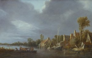 En landsby ved en elv med bønder og storfe på en ferge av Jan Josephsz van Goyen