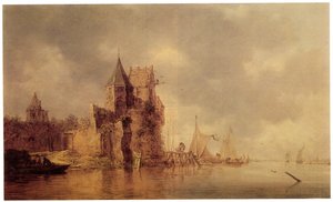 Et middelaldertårn på en slottsvollen med seilskuter ved en brygge og en robåt i forgrunnen, ca. 1642 (olje på panel)