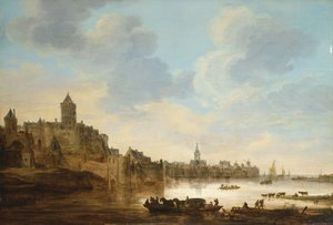 En by ved bredden av en elv, med en ferge, 1648 av Jan Josephsz van Goyen
