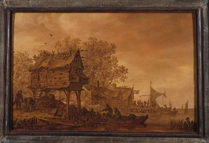 En landsby ved en elvebredd med bønder i en båt ved et dueslag, 1651