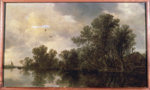 Et skogkledd elvelandskap, med bønder i en robåt ved en hytte og en ferge, en seilbåt i det fjerne, 1633 av Jan Josephsz van Goyen