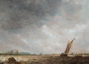 En elvemunningsscene med skipsfart i urolig vann (olje på panel) av Jan Josephsz van Goyen