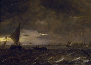 Fiskebåter i en elvemunning i skumringen, med utsikt over en by og klokketårnet i horisonten. Olje på tre av Jan van Goyen (1596–1656). av Jan Josephsz van Goyen