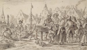 Fishmarket, 1624 (penn og pensel og brunt blekk på papir) av Jan Josephsz van Goyen